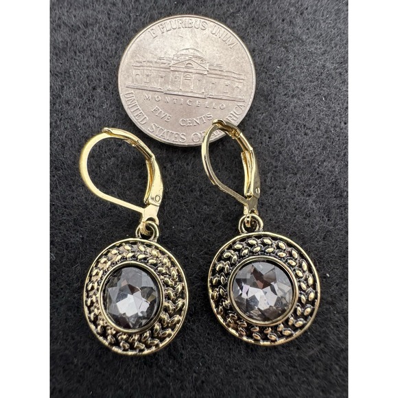 Jewelry - Black Crystal Round Medallion Dangle Earrings Gold Tone Leverback NEW